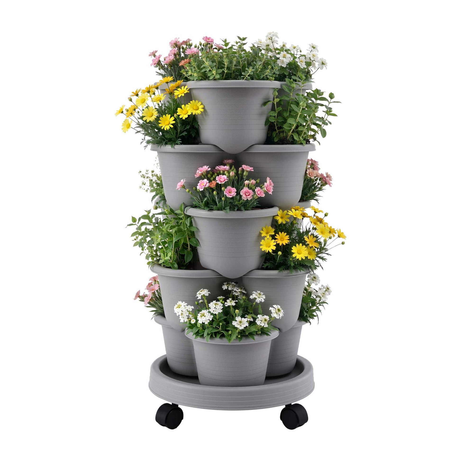 Green Fingers Home & Garden > Garden Beds > Garden Beds & Planters Green Fingers 5 Tier Vertical Garden Planter, Stackable Planters with 4 Wheels, Grey, Raised Garden Bed, Garden Tower Indoor Outdoor, Auto Drainage System, for Strawberries, Herbs, Flower, Vegetables