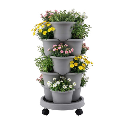 Green Fingers Home & Garden > Garden Beds > Garden Beds & Planters Green Fingers 5 Tier Vertical Garden Planter, Stackable Planters with 4 Wheels, Grey, Raised Garden Bed, Garden Tower Indoor Outdoor, Auto Drainage System, for Strawberries, Herbs, Flower, Vegetables