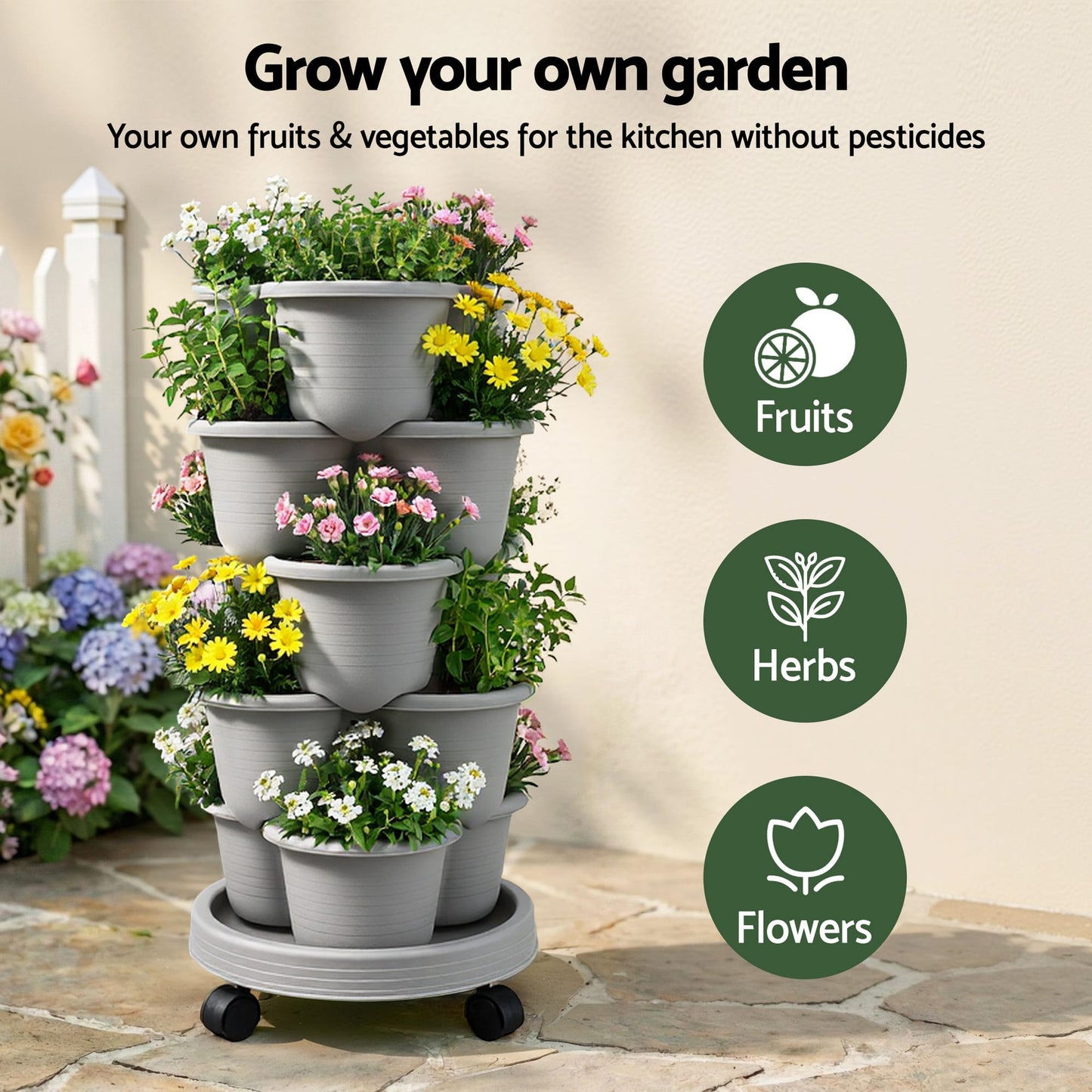Green Fingers Home & Garden > Garden Beds > Garden Beds & Planters Green Fingers 5 Tier Vertical Garden Planter, Stackable Planters with 4 Wheels, Grey, Raised Garden Bed, Garden Tower Indoor Outdoor, Auto Drainage System, for Strawberries, Herbs, Flower, Vegetables