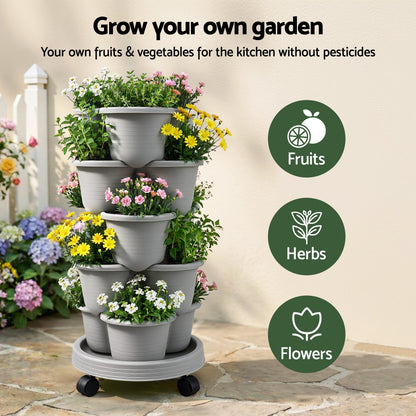 Green Fingers Home & Garden > Garden Beds > Garden Beds & Planters Green Fingers 5 Tier Vertical Garden Planter, Stackable Planters with 4 Wheels, Grey, Raised Garden Bed, Garden Tower Indoor Outdoor, Auto Drainage System, for Strawberries, Herbs, Flower, Vegetables