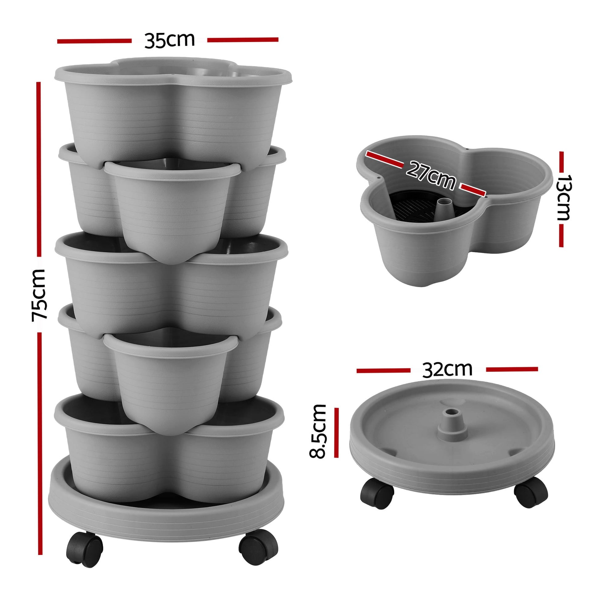 Green Fingers Home & Garden > Garden Beds > Garden Beds & Planters Green Fingers 5 Tier Vertical Garden Planter, Stackable Planters with 4 Wheels, Grey, Raised Garden Bed, Garden Tower Indoor Outdoor, Auto Drainage System, for Strawberries, Herbs, Flower, Vegetables