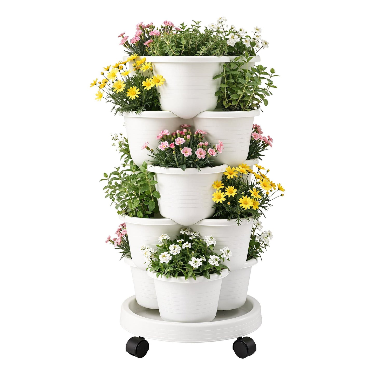 Green Fingers Home & Garden > Garden Beds > Garden Beds & Planters Green Fingers 5 Tier Vertical Garden Planter, Stackable Planters with Wheels, White, Garden Bed, Garden Tower Indoor Outdoor, Auto Drainage System, for Strawberries, Herbs, Flowers, Vegetables