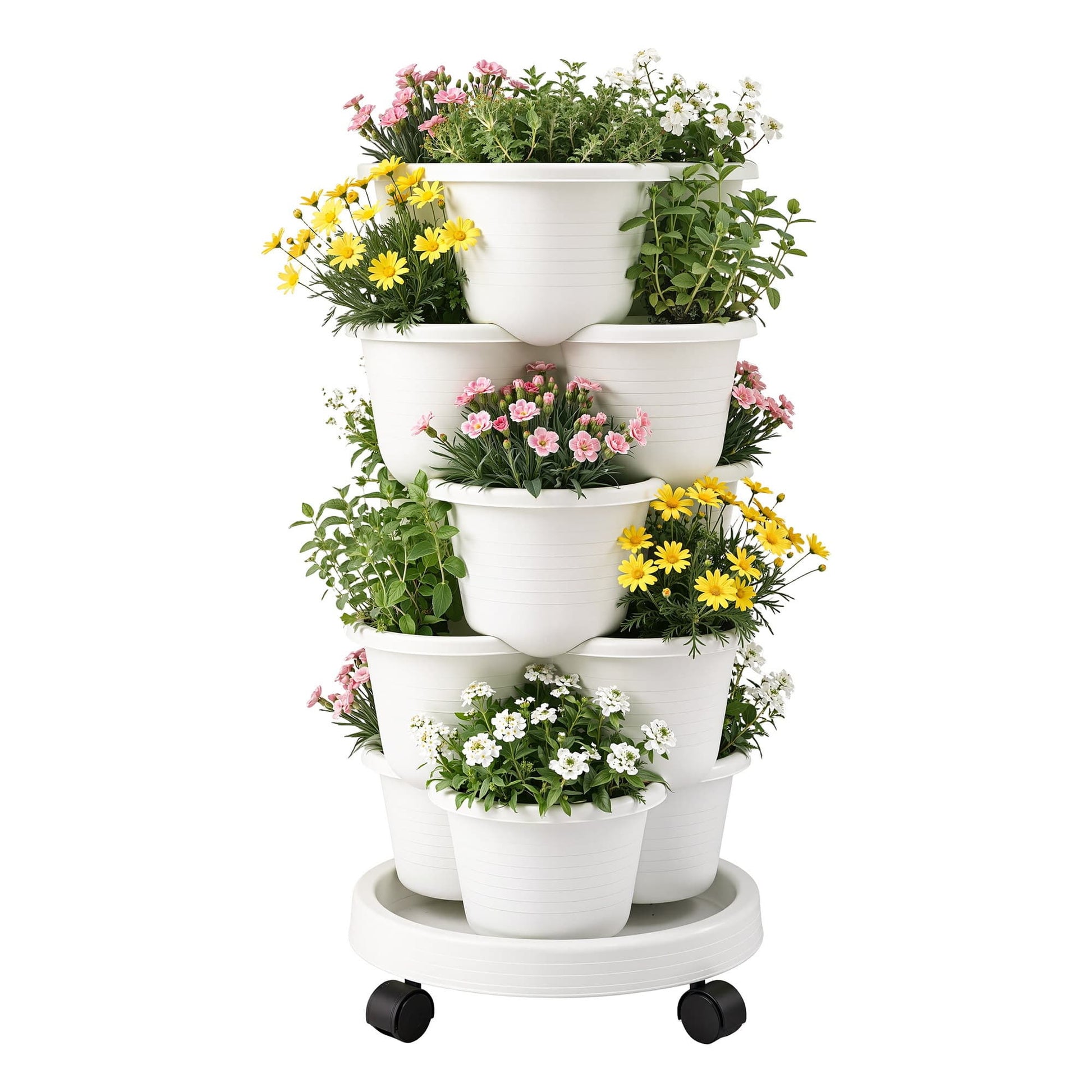 Green Fingers Home & Garden > Garden Beds > Garden Beds & Planters Green Fingers 5 Tier Vertical Garden Planter, Stackable Planters with Wheels, White, Garden Bed, Garden Tower Indoor Outdoor, Auto Drainage System, for Strawberries, Herbs, Flowers, Vegetables