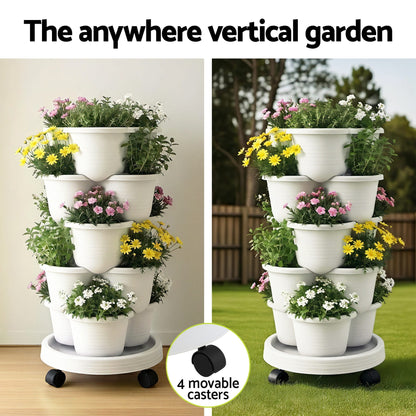 Green Fingers Home & Garden > Garden Beds > Garden Beds & Planters Green Fingers 5 Tier Vertical Garden Planter, Stackable Planters with Wheels, White, Garden Bed, Garden Tower Indoor Outdoor, Auto Drainage System, for Strawberries, Herbs, Flowers, Vegetables