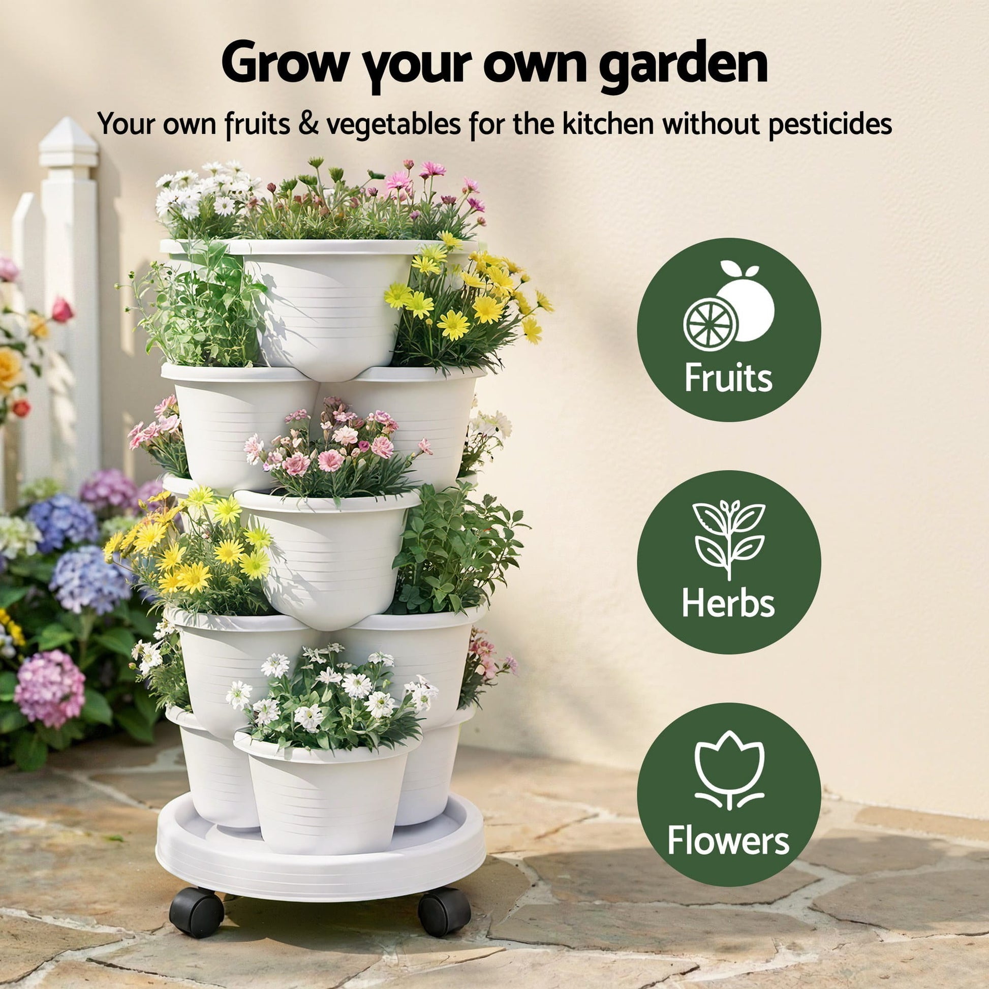 Green Fingers Home & Garden > Garden Beds > Garden Beds & Planters Green Fingers 5 Tier Vertical Garden Planter, Stackable Planters with Wheels, White, Garden Bed, Garden Tower Indoor Outdoor, Auto Drainage System, for Strawberries, Herbs, Flowers, Vegetables