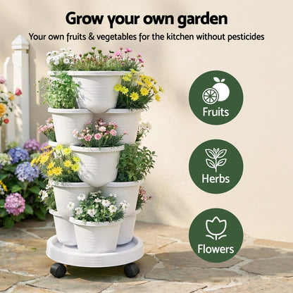 Green Fingers Home & Garden > Garden Beds > Garden Beds & Planters Green Fingers 5 Tier Vertical Garden Planter, Stackable Planters with Wheels, White, Garden Bed, Garden Tower Indoor Outdoor, Auto Drainage System, for Strawberries, Herbs, Flowers, Vegetables