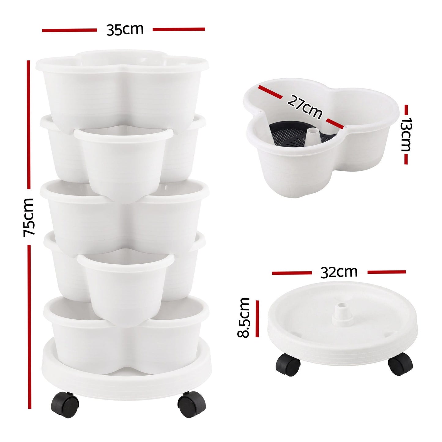Green Fingers Home & Garden > Garden Beds > Garden Beds & Planters Green Fingers 5 Tier Vertical Garden Planter, Stackable Planters with Wheels, White, Garden Bed, Garden Tower Indoor Outdoor, Auto Drainage System, for Strawberries, Herbs, Flowers, Vegetables