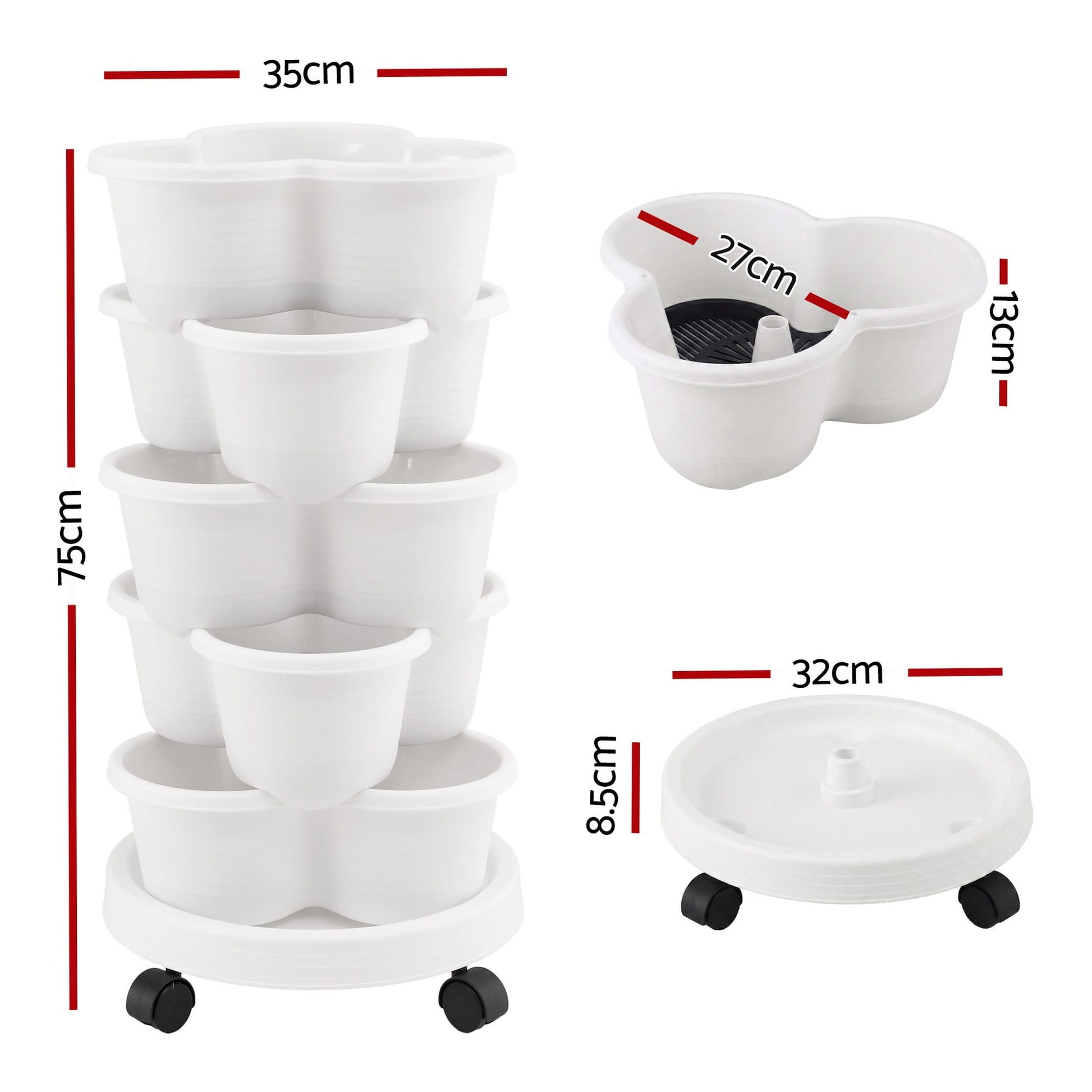 Green Fingers Home & Garden > Garden Beds > Garden Beds & Planters Green Fingers 5 Tier Vertical Garden Planter, Stackable Planters with Wheels, White, Garden Bed, Garden Tower Indoor Outdoor, Auto Drainage System, for Strawberries, Herbs, Flowers, Vegetables