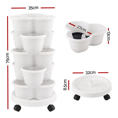 Green Fingers Home & Garden > Garden Beds > Garden Beds & Planters Green Fingers 5 Tier Vertical Garden Planter, Stackable Planters with Wheels, White, Garden Bed, Garden Tower Indoor Outdoor, Auto Drainage System, for Strawberries, Herbs, Flowers, Vegetables