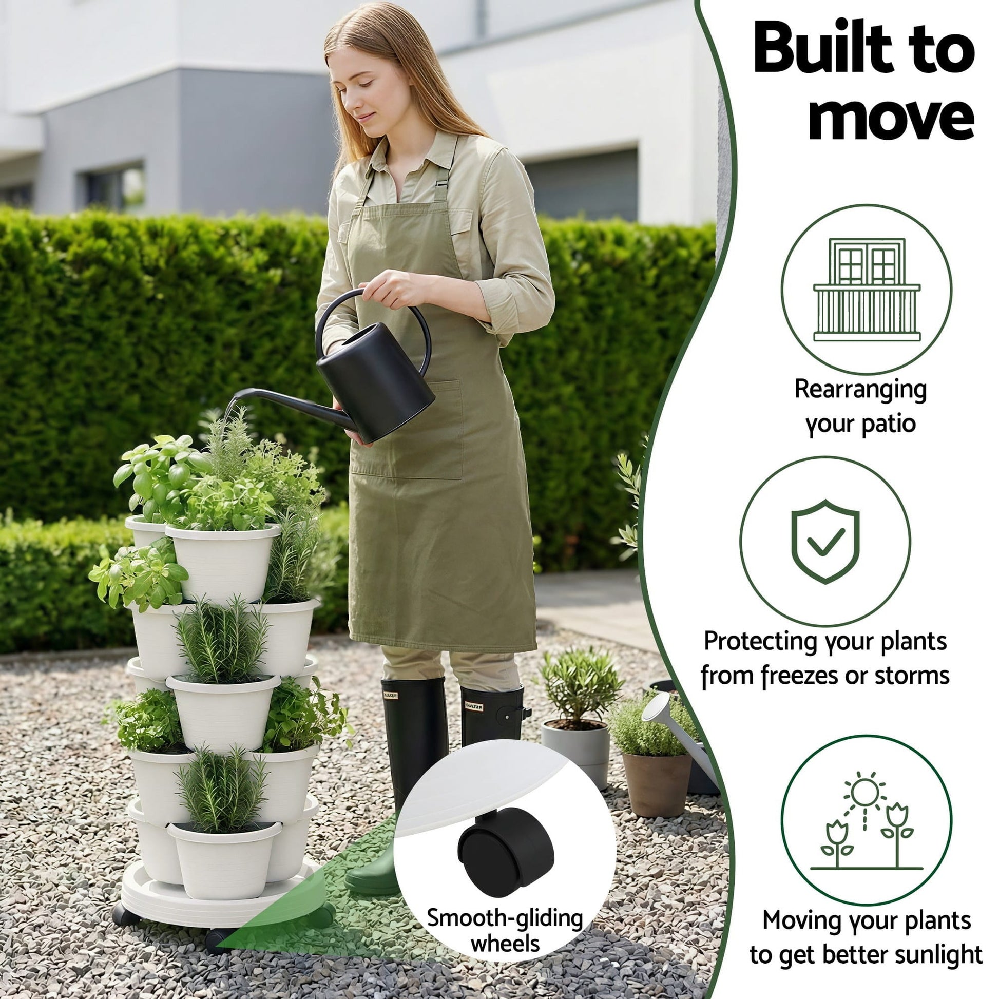 Green Fingers Home & Garden > Garden Beds > Garden Beds & Planters Green Fingers 5 Tier Vertical Garden Planter, Stackable Planters with Wheels, White, Garden Bed, Garden Tower Indoor Outdoor, Auto Drainage System, for Strawberries, Herbs, Flowers, Vegetables