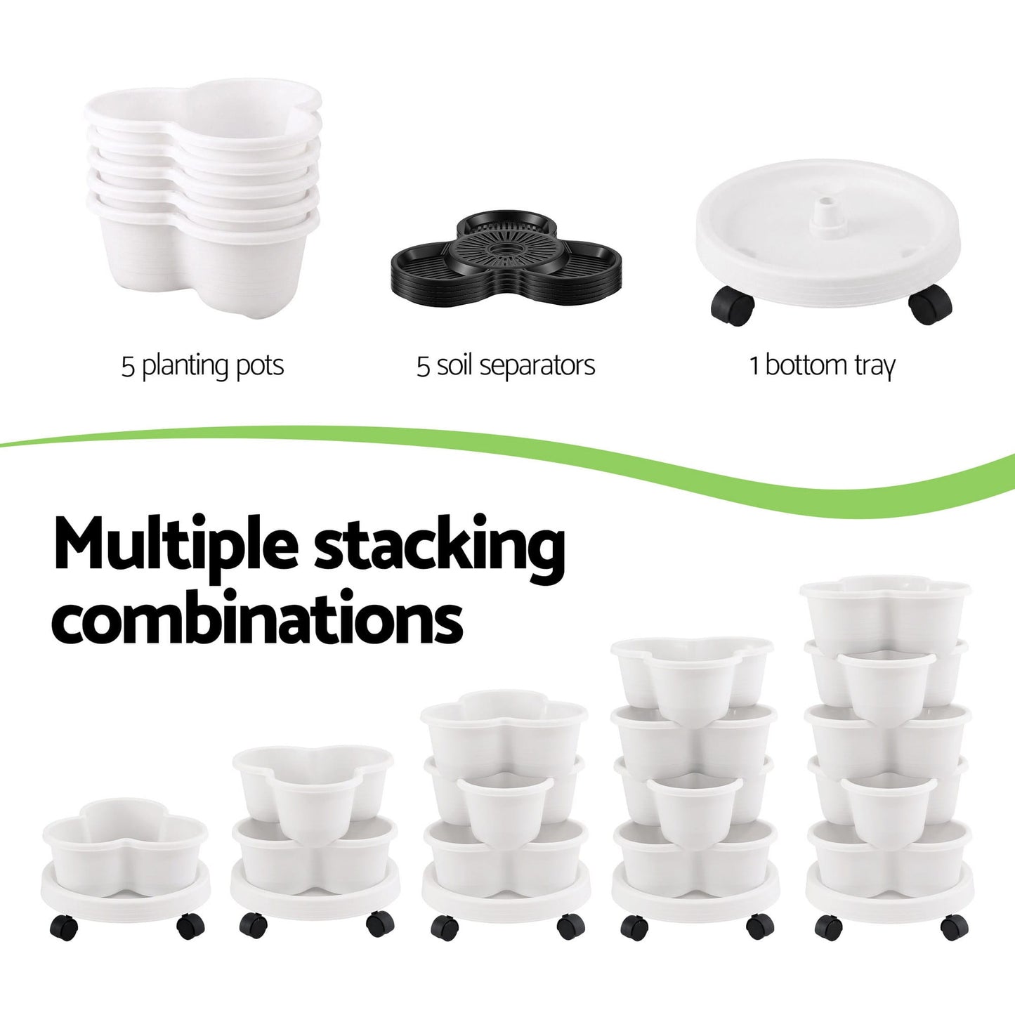 Green Fingers Home & Garden > Garden Beds > Garden Beds & Planters Green Fingers 5 Tier Vertical Garden Planter, Stackable Planters with Wheels, White, Garden Bed, Garden Tower Indoor Outdoor, Auto Drainage System, for Strawberries, Herbs, Flowers, Vegetables