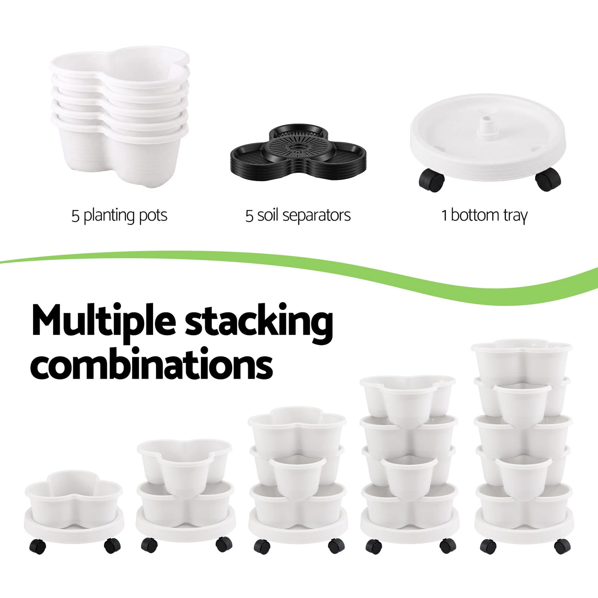 Green Fingers Home & Garden > Garden Beds > Garden Beds & Planters Green Fingers 5 Tier Vertical Garden Planter, Stackable Planters with Wheels, White, Garden Bed, Garden Tower Indoor Outdoor, Auto Drainage System, for Strawberries, Herbs, Flowers, Vegetables