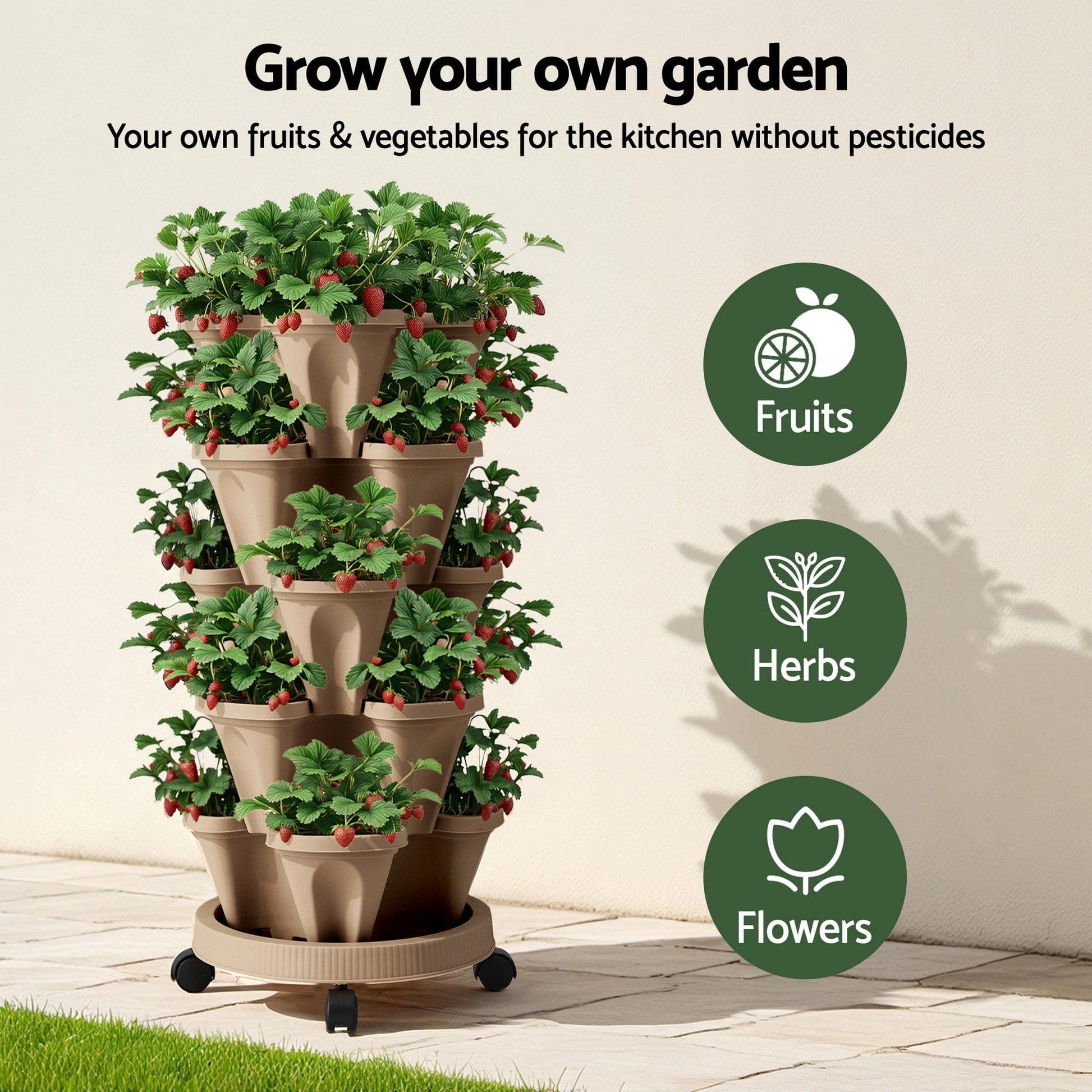 Green Fingers Home & Garden > Garden Beds > Garden Beds & Planters Green Fingers Garden Bed 5 Tier Vertical Garden Grey Strawberry Stackable Planters Herb Petunias Tan