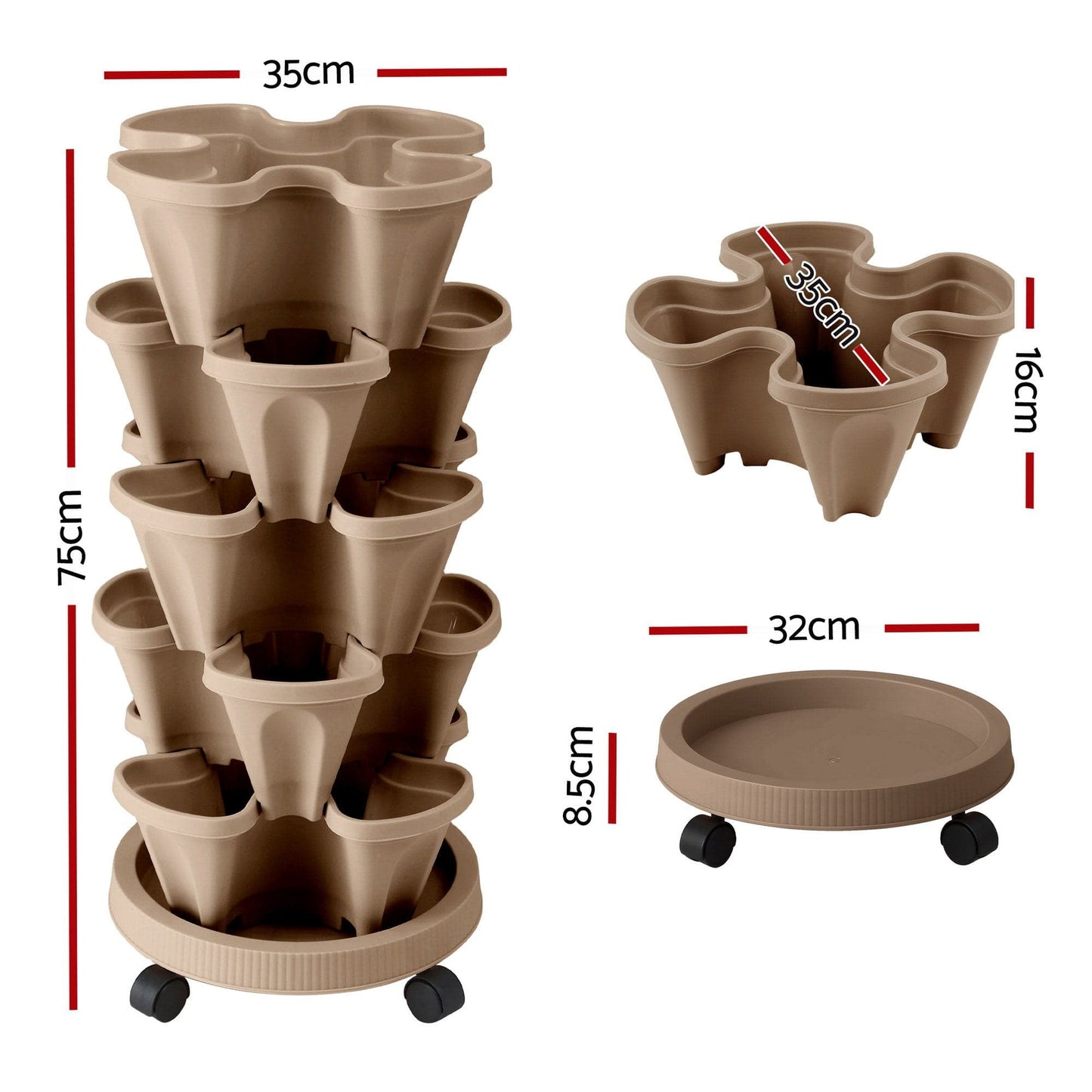 Green Fingers Home & Garden > Garden Beds > Garden Beds & Planters Green Fingers Garden Bed 5 Tier Vertical Garden Grey Strawberry Stackable Planters Herb Petunias Tan