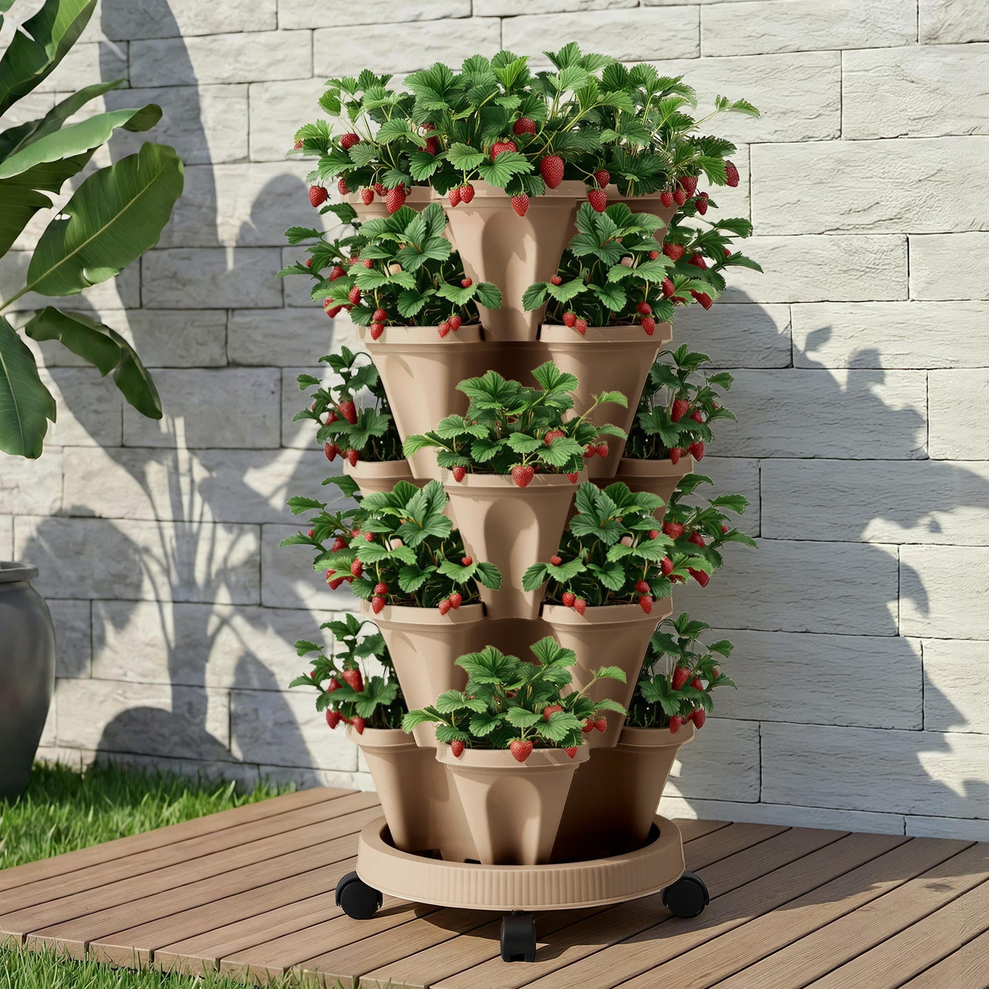 Green Fingers Home & Garden > Garden Beds > Garden Beds & Planters Green Fingers Garden Bed 5 Tier Vertical Garden Grey Strawberry Stackable Planters Herb Petunias Tan