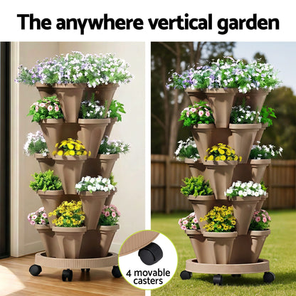Green Fingers Home & Garden > Garden Beds > Garden Beds & Planters Green Fingers Garden Bed 5 Tier Vertical Garden Grey Strawberry Stackable Planters Herb Petunias Tan