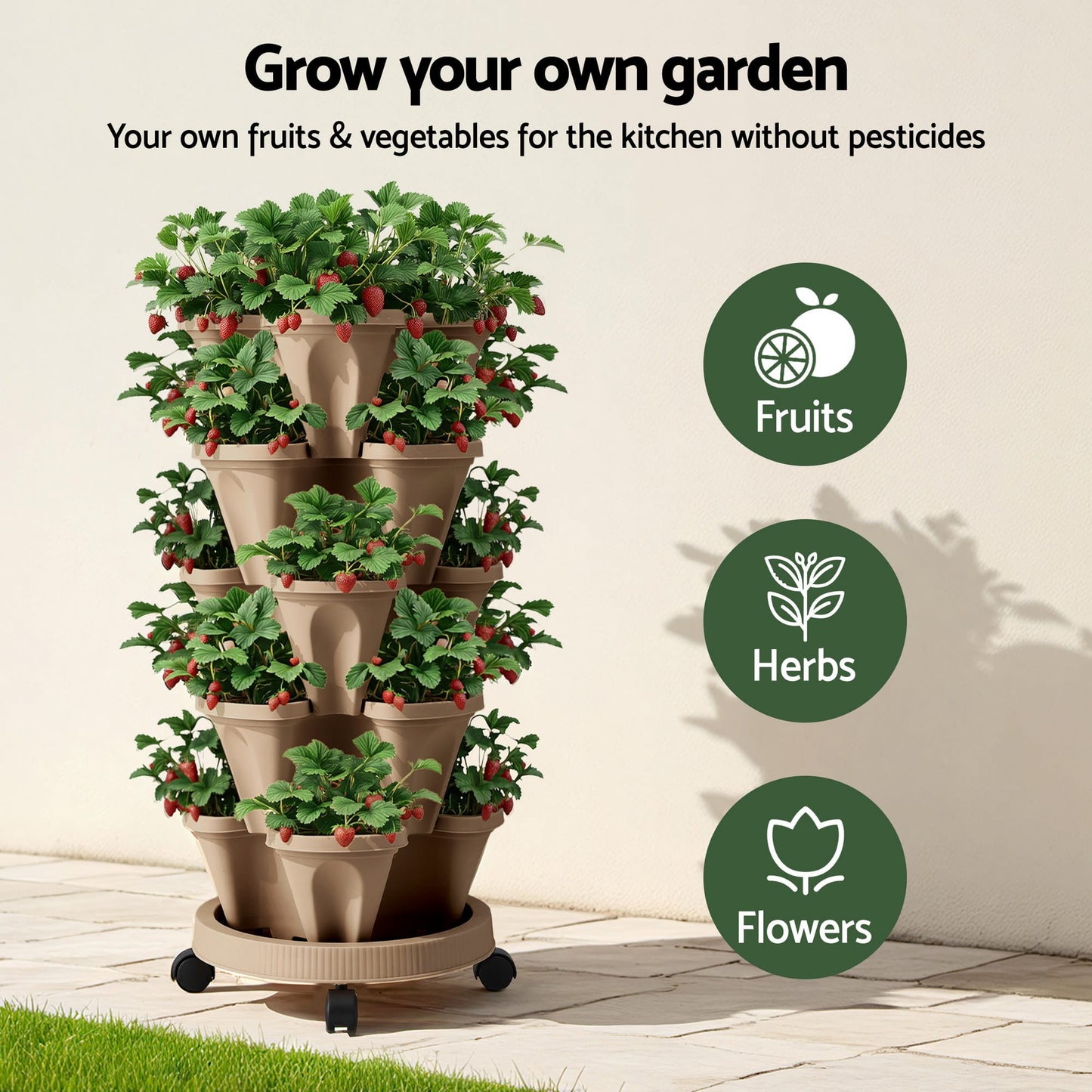 Green Fingers Home & Garden > Garden Beds > Garden Beds & Planters Green Fingers Garden Bed 5 Tier Vertical Garden Grey Strawberry Stackable Planters Herb Petunias Tan