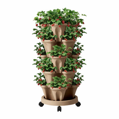 Green Fingers Home & Garden > Garden Beds > Garden Beds & Planters Green Fingers Garden Bed 5 Tier Vertical Garden Grey Strawberry Stackable Planters Herb Petunias Tan