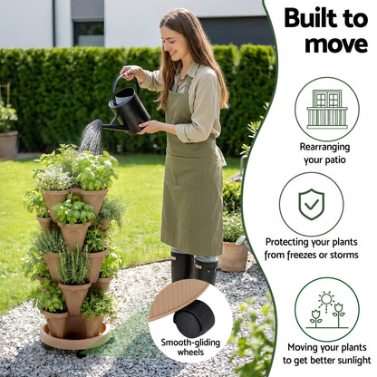 Green Fingers Home & Garden > Garden Beds > Garden Beds & Planters Green Fingers Garden Bed 5 Tier Vertical Garden Grey Strawberry Stackable Planters Herb Petunias Tan