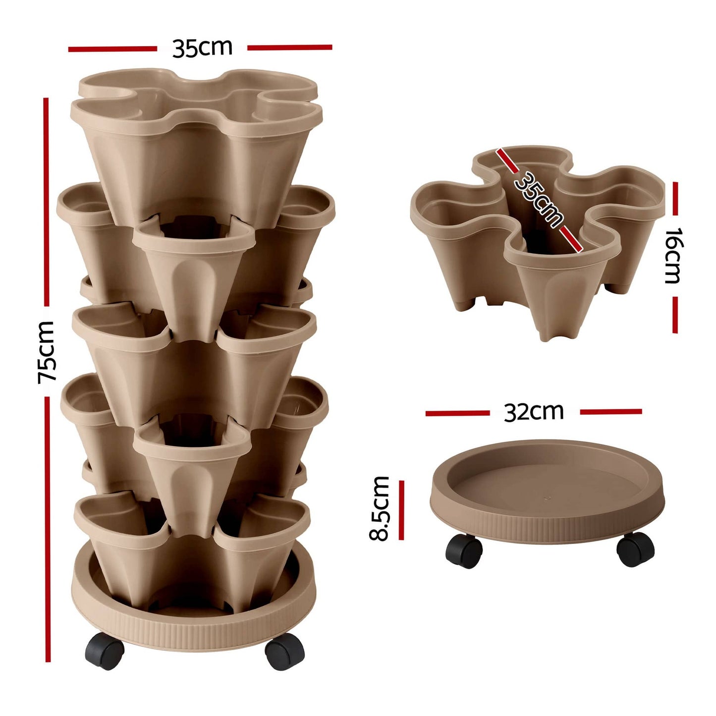 Green Fingers Home & Garden > Garden Beds > Garden Beds & Planters Green Fingers Garden Bed 5 Tier Vertical Garden Grey Strawberry Stackable Planters Herb Petunias Tan