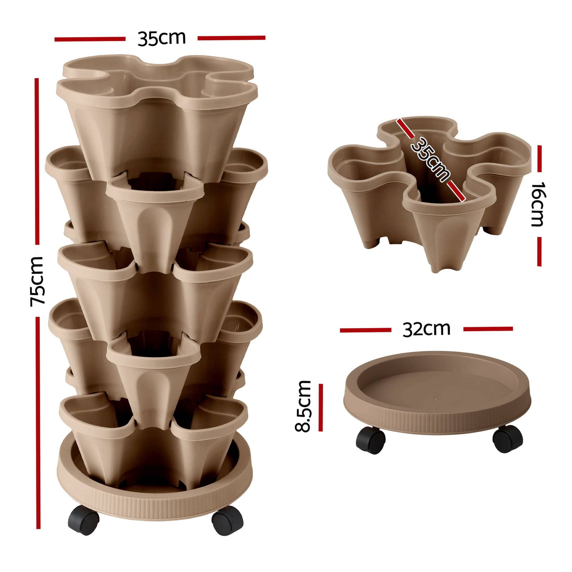 Green Fingers Home & Garden > Garden Beds > Garden Beds & Planters Green Fingers Garden Bed 5 Tier Vertical Garden Grey Strawberry Stackable Planters Herb Petunias Tan
