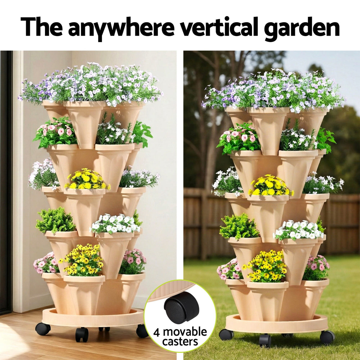 Green Fingers Home & Garden > Garden Beds > Garden Beds & Planters Green Fingers Garden Bed 5 Tier Vertical Garden Grey Strawberry Stackable Planters Herbs Beige