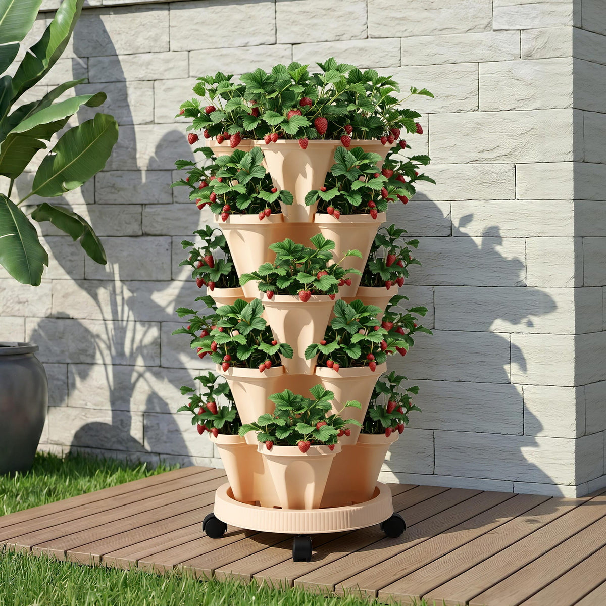 Green Fingers Home & Garden > Garden Beds > Garden Beds & Planters Green Fingers Garden Bed 5 Tier Vertical Garden Grey Strawberry Stackable Planters Herbs Beige
