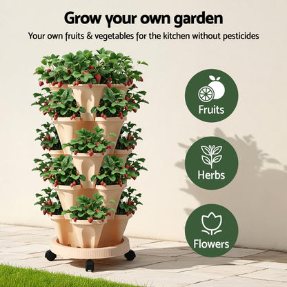 Green Fingers Home & Garden > Garden Beds > Garden Beds & Planters Green Fingers Garden Bed 5 Tier Vertical Garden Grey Strawberry Stackable Planters Herbs Beige