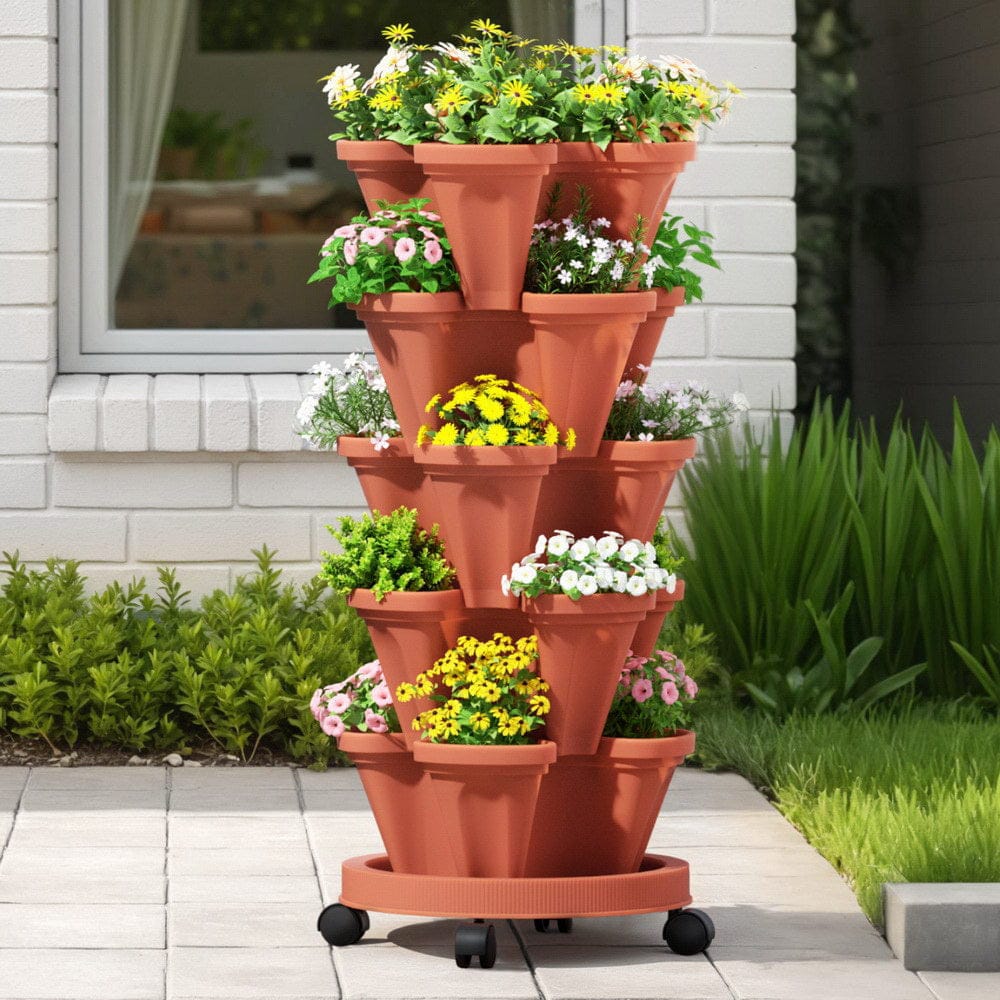Green Fingers Home & Garden > Garden Beds > Garden Beds & Planters Green Fingers Raised Garden Bed 5 Tier Vertical Garden Brick Red Strawberry Stackable Planters Herbs Petunias