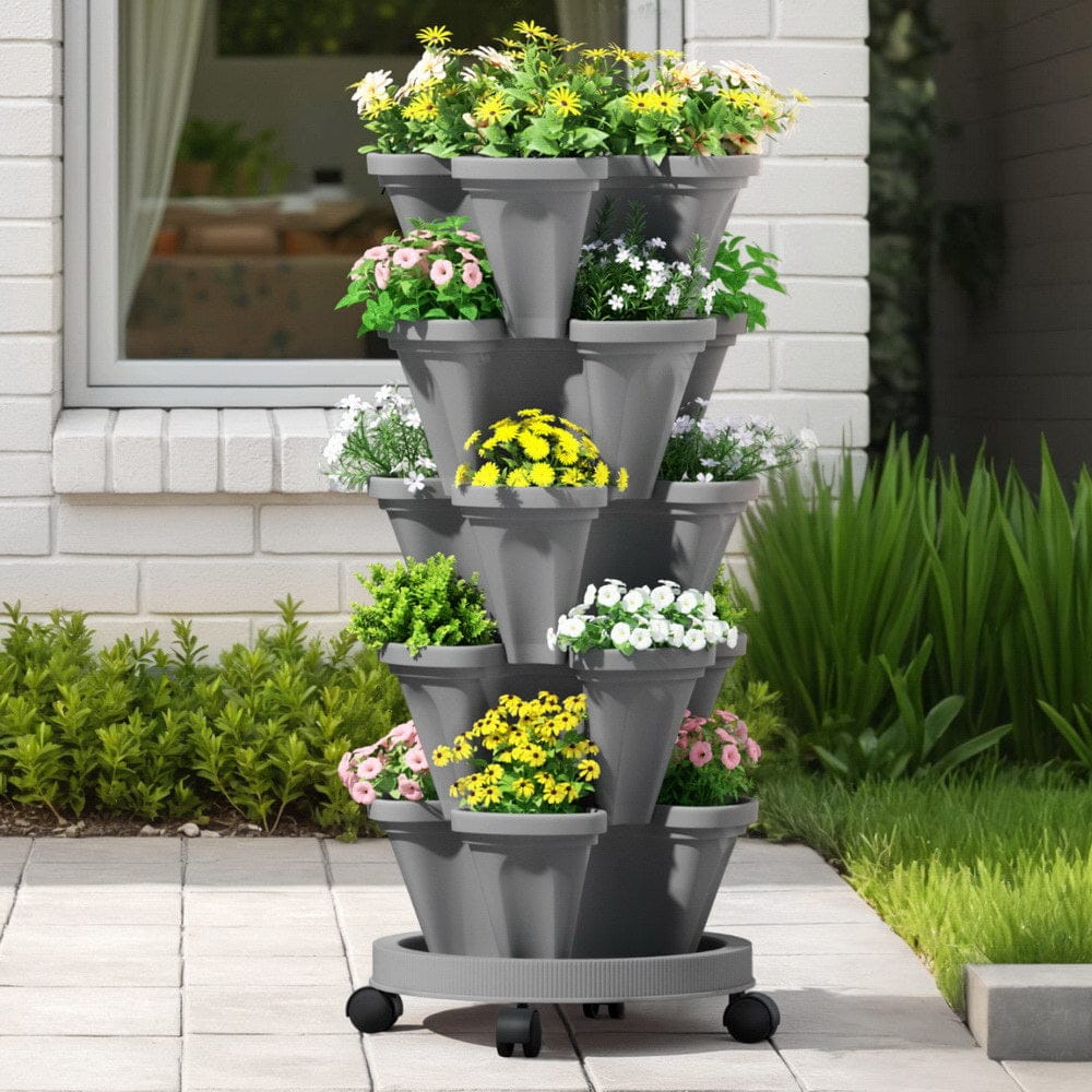 Green Fingers Home & Garden > Garden Beds > Garden Beds & Planters Green Fingers Raised Garden Bed 5 Tier Vertical Garden Grey Strawberry Stackable Planters Herbs Petunias