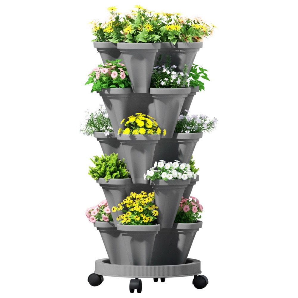Green Fingers Home & Garden > Garden Beds > Garden Beds & Planters Green Fingers Raised Garden Bed 5 Tier Vertical Garden Grey Strawberry Stackable Planters Herbs Petunias