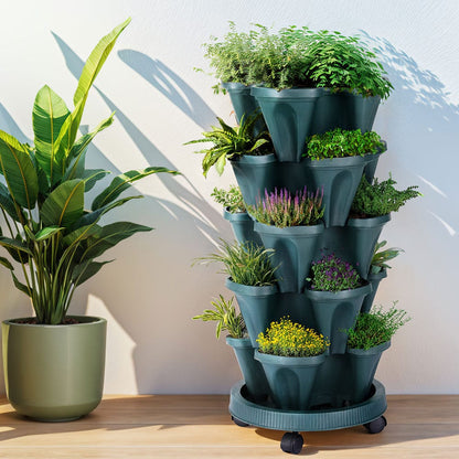 Green Fingers Home & Garden > Garden Beds > Grow Bags Green Fingers Garden Bed 5 Tier Vertical Garden Strawberry Stackable Planters Herbs Petunias
