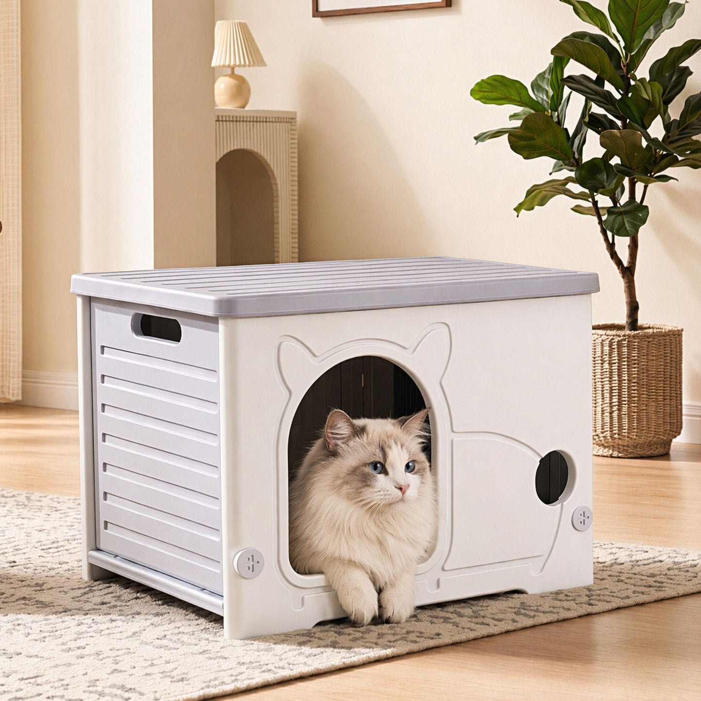 i.Pet Pet Care > Cat Supplies > Cat Carriers & Crates i.Pet Cat House Enclosed Shelter Plastic Nest Stackable Bench Box Outdoor Indoor Grey