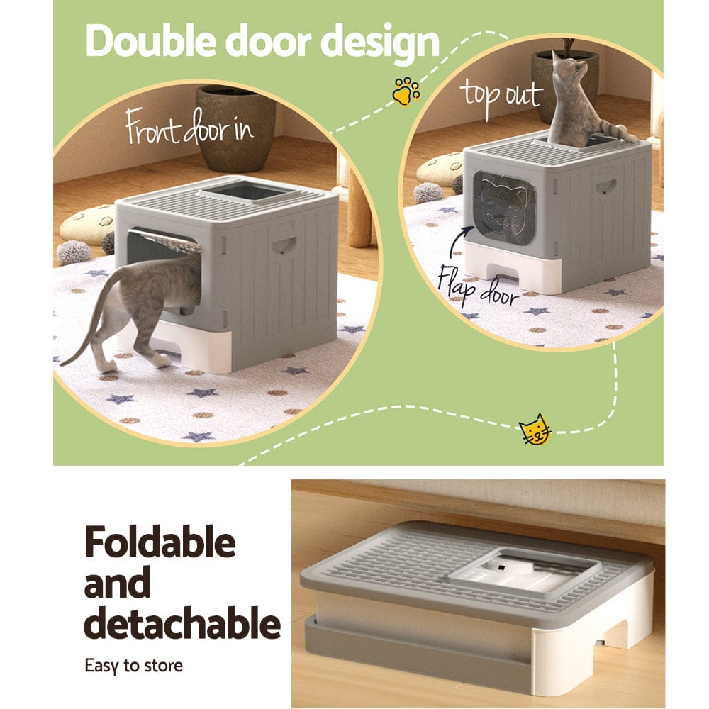 i.Pet Pet Care > Cat Supplies > Cat Litter i.Pet Cat Litter Box Large Tray Kitty Toilet Enclosed Hooded Foldable Cat Litter Box Scoop Grey