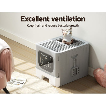 i.Pet Pet Care > Cat Supplies > Cat Litter i.Pet Cat Litter Box Large Tray Kitty Toilet Enclosed Hooded Foldable Cat Litter Box Scoop Grey