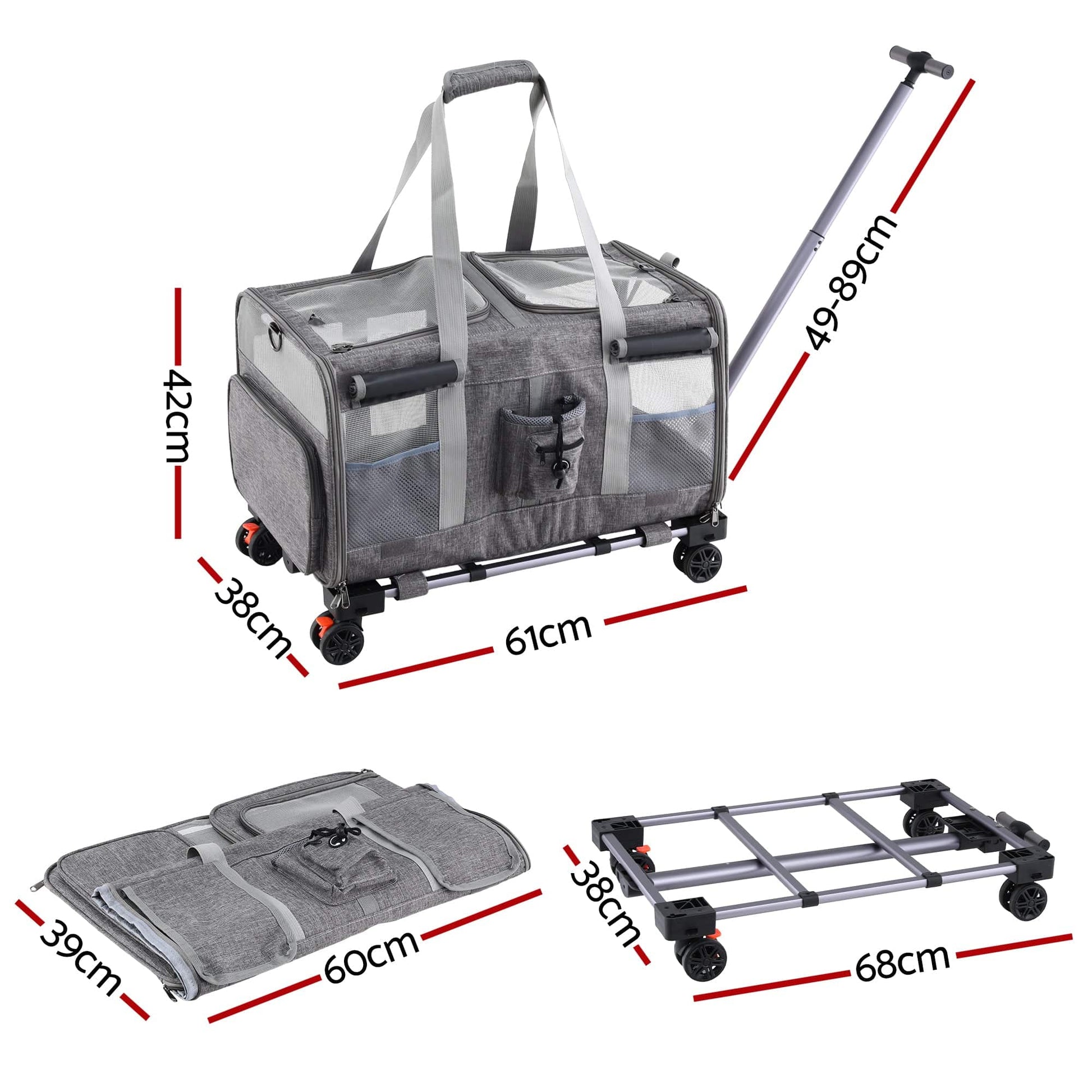 i.Pet Pet Care > Dog Supplies > Dog Carriers & Crates i.Pet Pet Carrier Swivel Wheels Foldable Cat Dog Trolley Stroller Travel Bag Grey