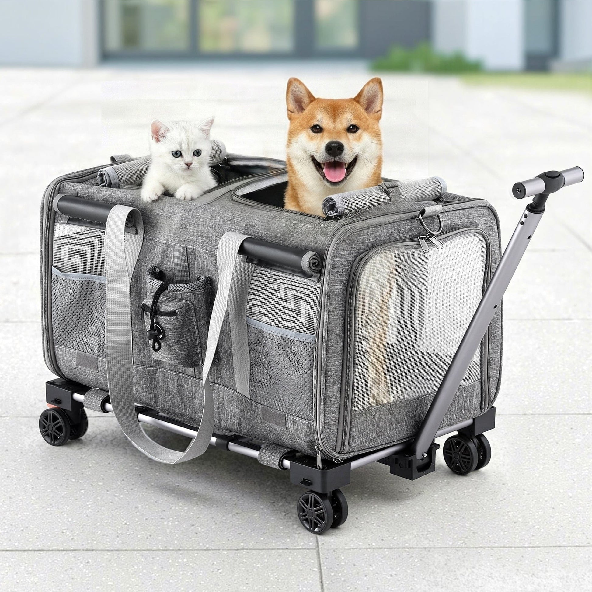 i.Pet Pet Care > Dog Supplies > Dog Carriers & Crates i.Pet Pet Carrier Swivel Wheels Foldable Cat Dog Trolley Stroller Travel Bag Grey