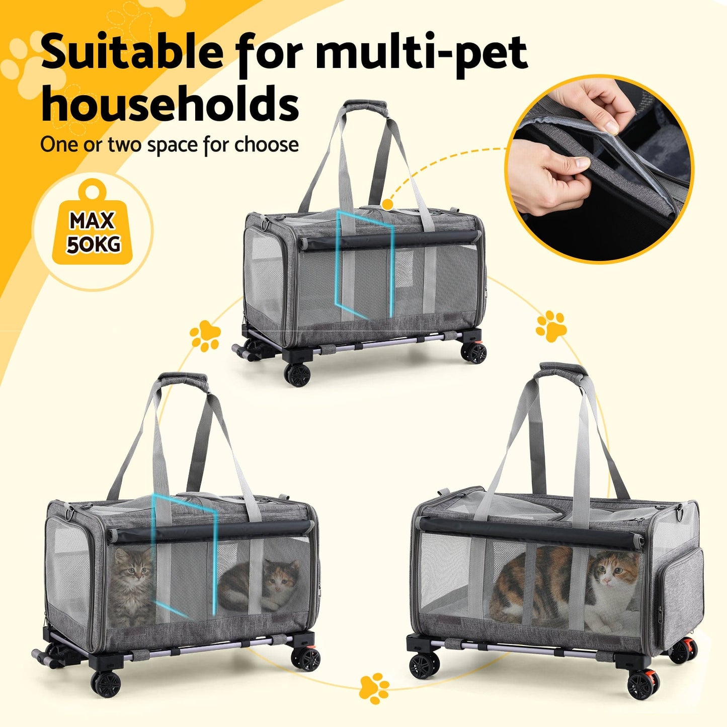 i.Pet Pet Care > Dog Supplies > Dog Carriers & Crates i.Pet Pet Carrier Swivel Wheels Foldable Cat Dog Trolley Stroller Travel Bag Grey