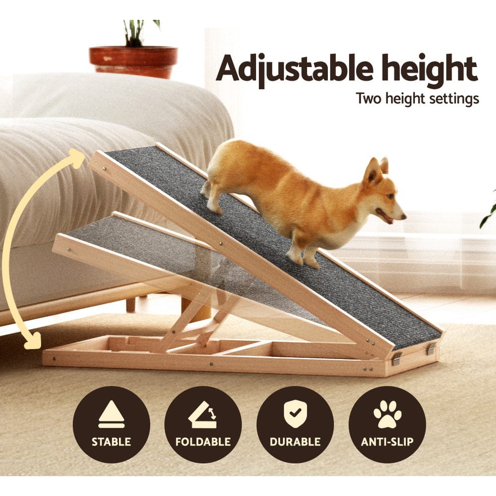 i.Pet Pet Care > Dog Supplies > Dog Steps & Ramps i.Pet Dog Ramp 70cm Adjustable Height Wooden Steps Stairs For Bed Sofa Car Foldable