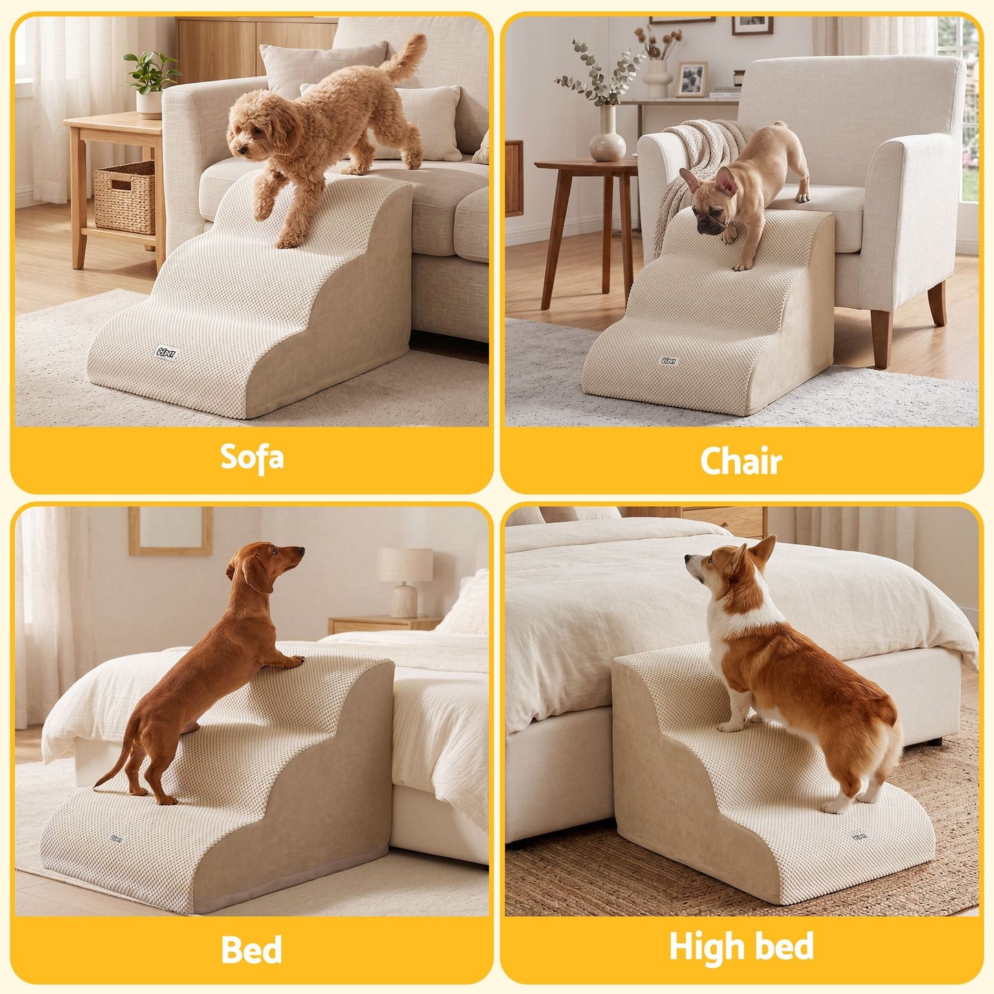 i.Pet Pet Care > Dog Supplies > Dog Steps & Ramps i.Pet Dog Ramp Washable Cover Stairs for Bed Sofa Foam Step Ladder 3 Tier Beige