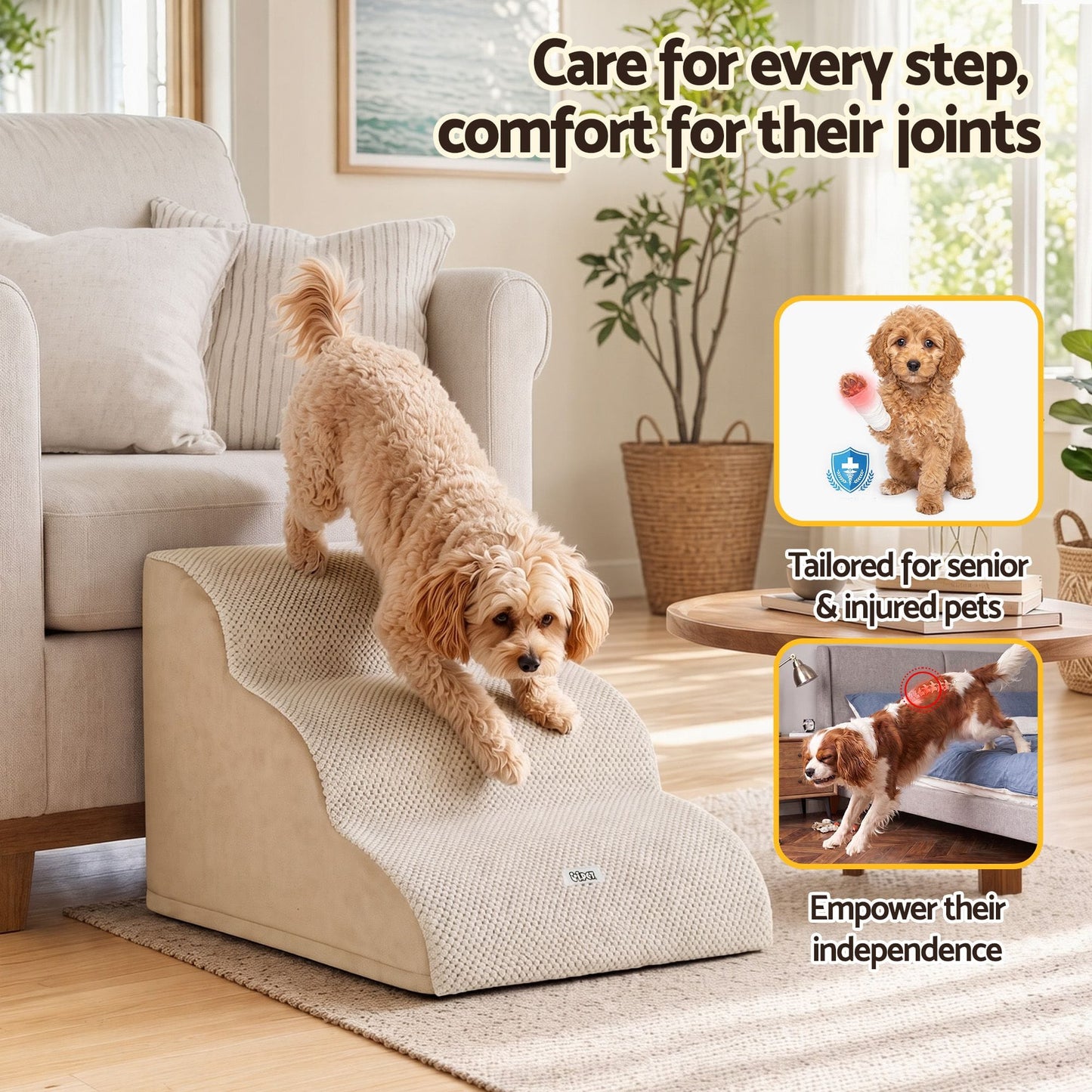 i.Pet Pet Care > Dog Supplies > Dog Steps & Ramps i.Pet Dog Ramp Washable Cover Stairs for Bed Sofa Foam Step Ladder 3 Tier Beige