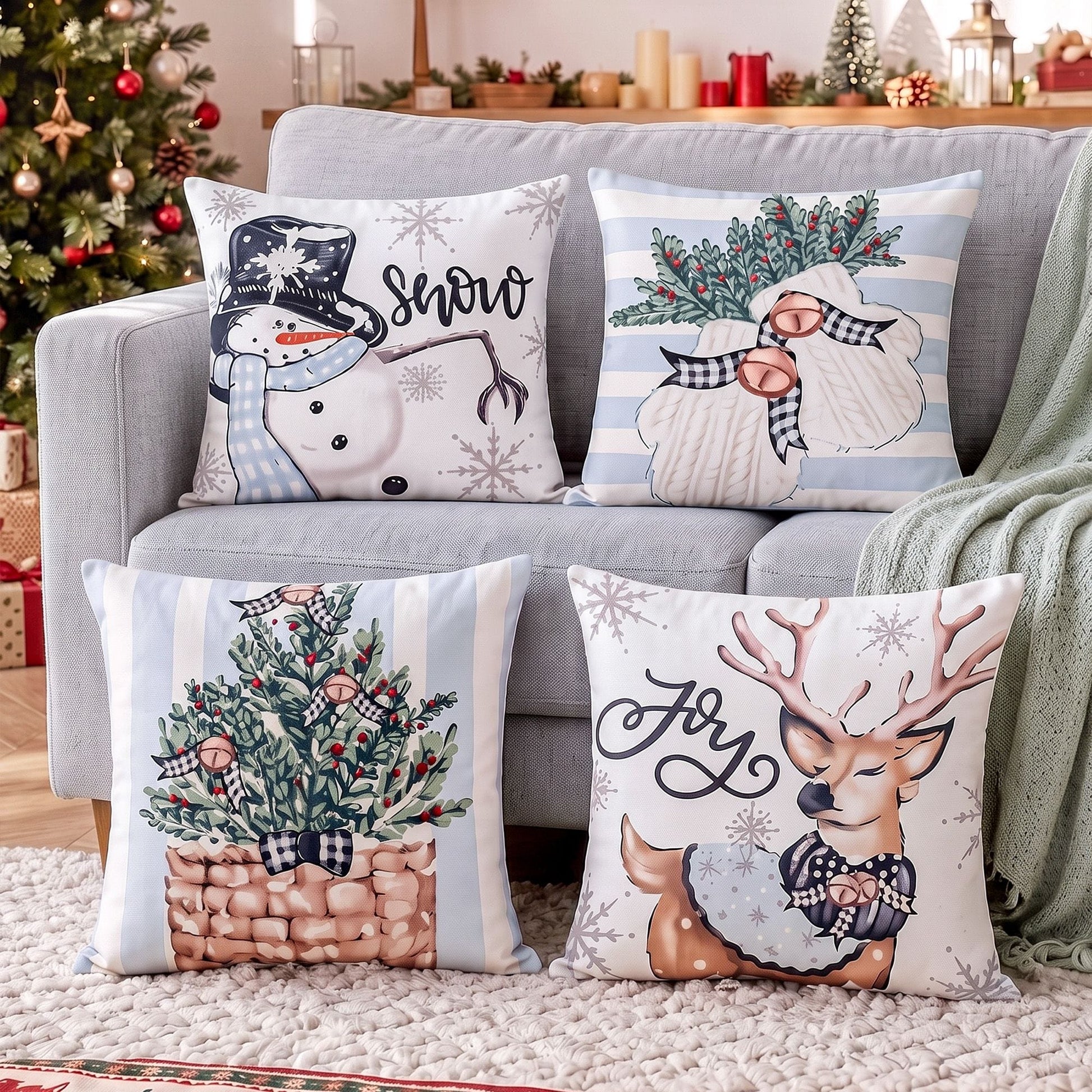 Jingle Jollys Home & Garden > Decor > Cushions & Throws Jingle Jollys Christmas Cushion Covers Set of 4 Pillow Covers 45x45cm with 4 Cute Patterns Blue