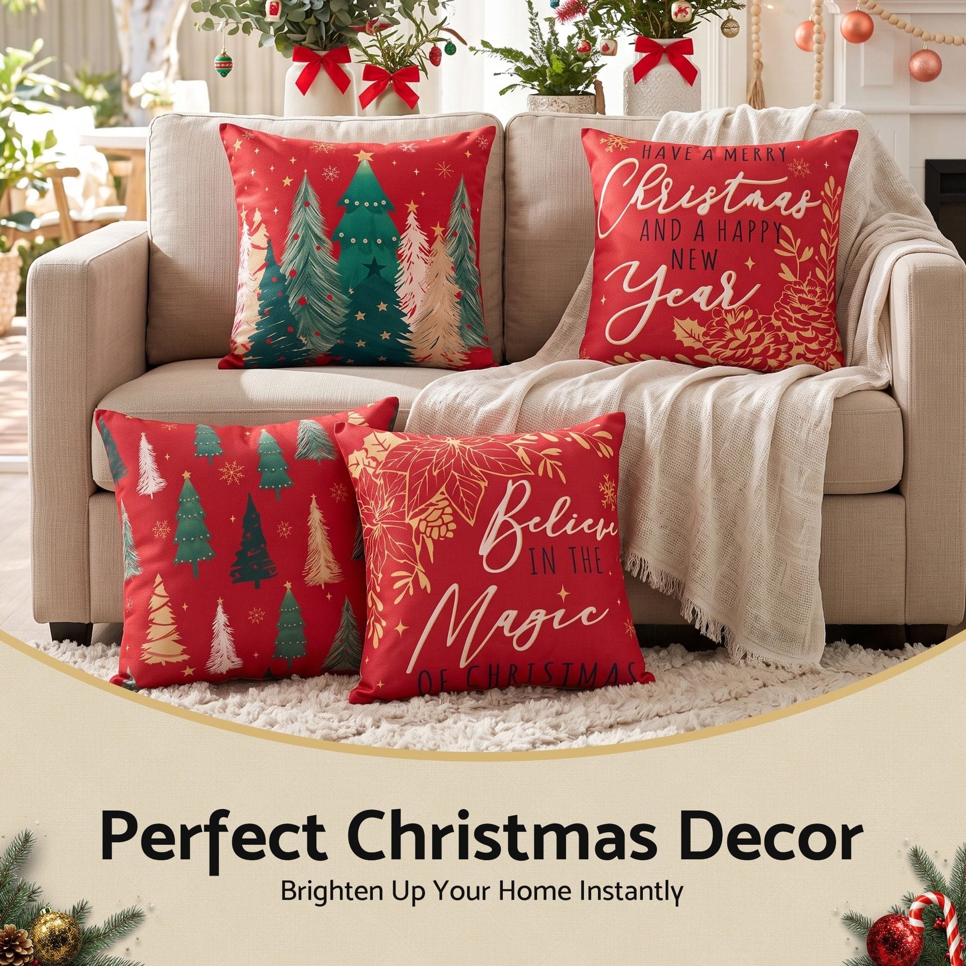 Jingle Jollys Home & Garden > Decor > Cushions & Throws Jingle Jollys Christmas Cushion Covers Set of 4 Pillow Covers 45x45cm with 4 Cute Patterns Red