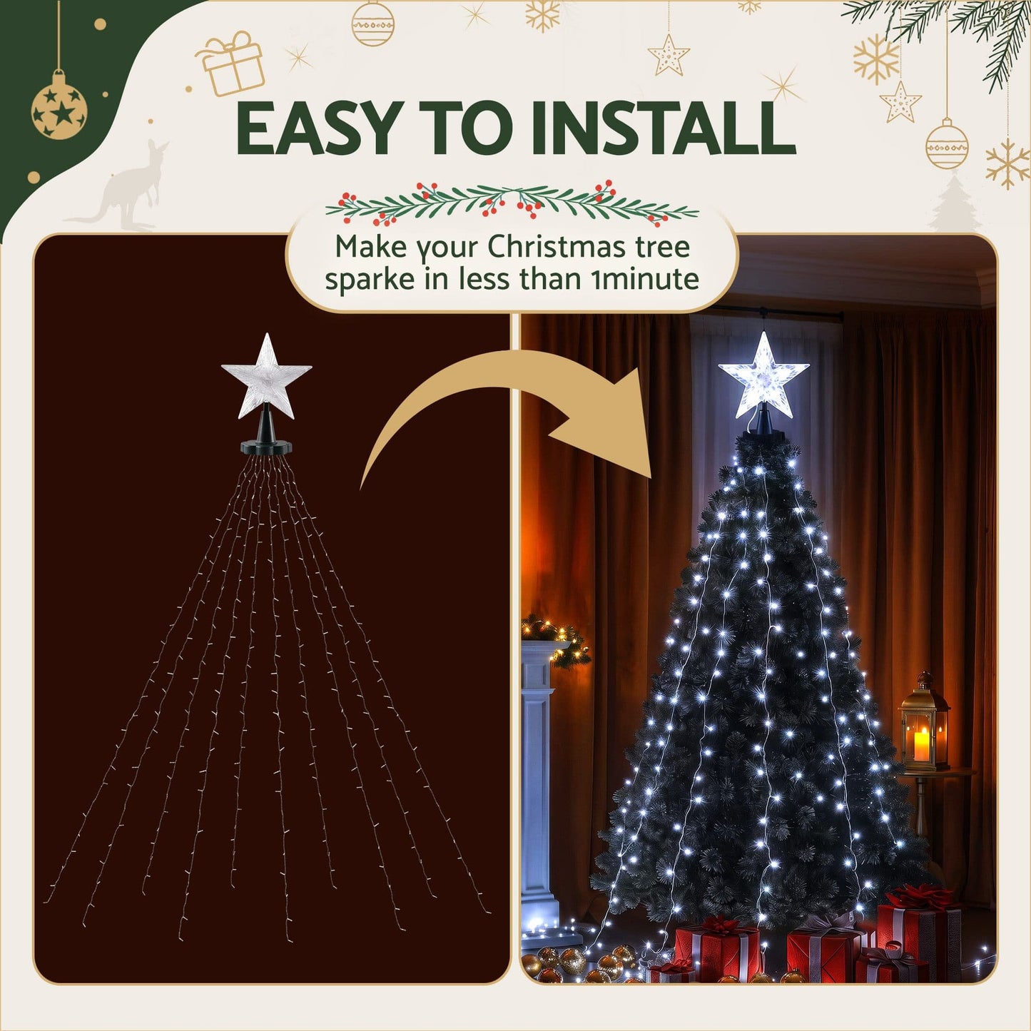 Jingle Jollys Occasions > Christmas > Christmas Decorations Jingle Jollys 2.5M Christmas Tree Lights Christmas Lights Tree Topper Waterfall Fairy Lights White