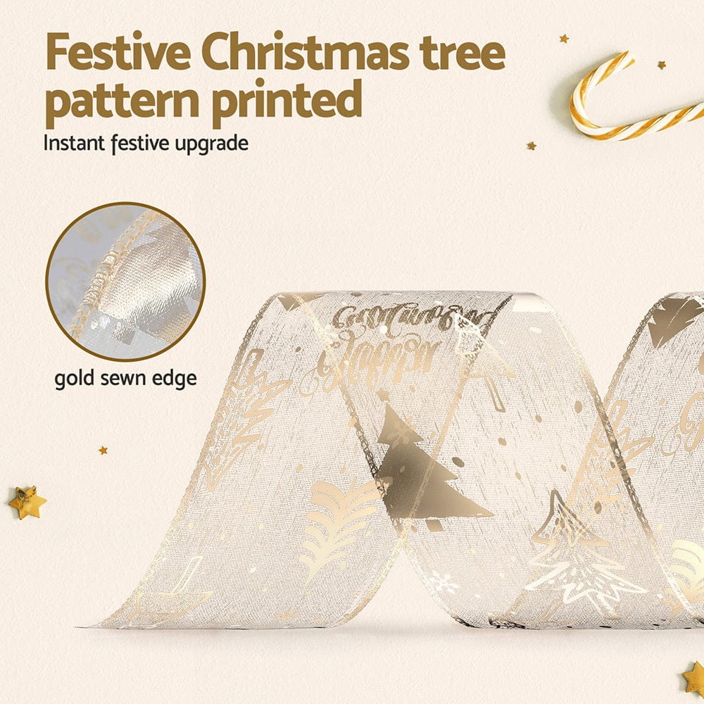 Jingle Jollys Occasions > Christmas > Christmas Decorations Jingle Jollys 20M Christmas Ribbon Roll Bow Printed Xmas Tree Decor Gift Gold