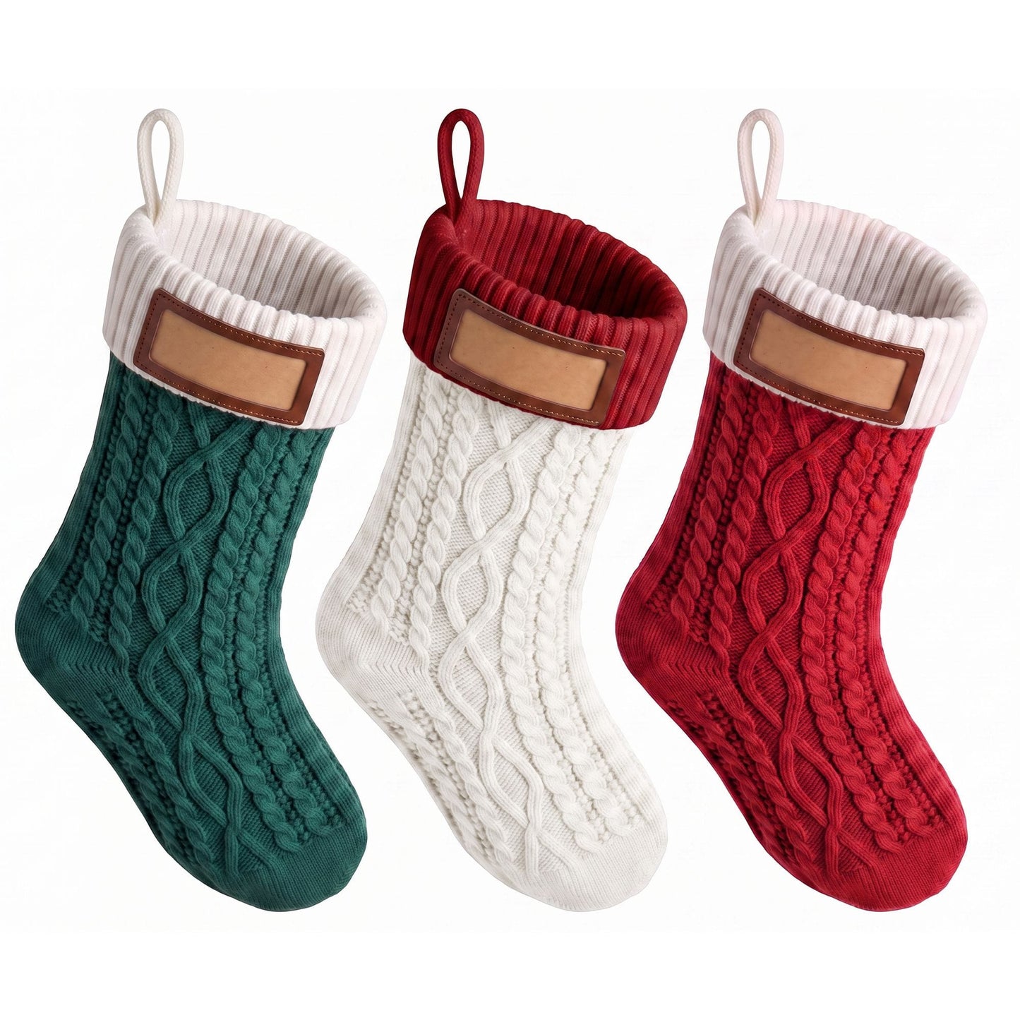 Jingle Jollys Occasions > Christmas > Christmas Decorations Jingle Jollys 3PCS Personalized Christmas Stockings with Leather Patches, 16 Inch Knitted Contrast Colour Xmas Hanging Decor For Fireplace Mantel, Christmas Tree, Home Decoration & Holiday Party Displays