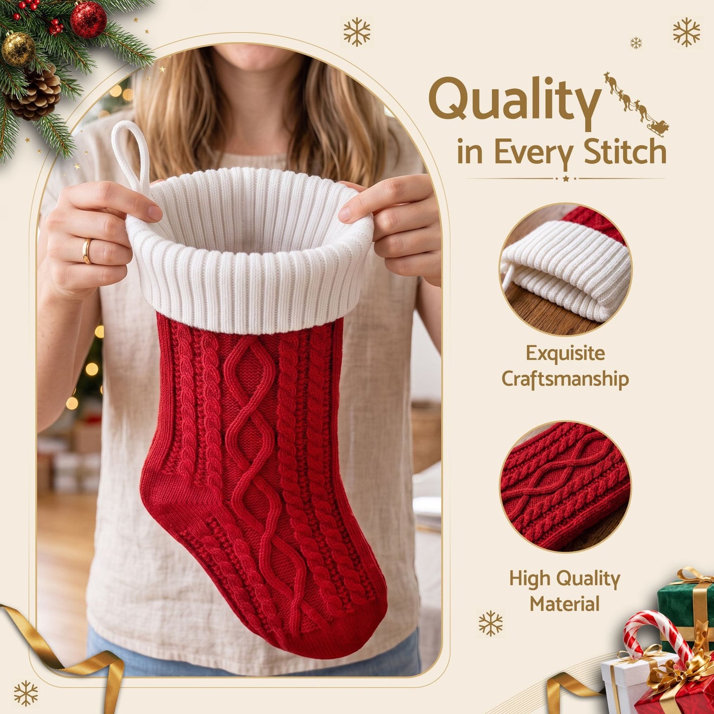 Jingle Jollys Occasions > Christmas > Christmas Decorations Jingle Jollys 3PCS Personalized Christmas Stockings with Leather Patches, 16 Inch Knitted Contrast Colour Xmas Hanging Decor For Fireplace Mantel, Christmas Tree, Home Decoration & Holiday Party Displays