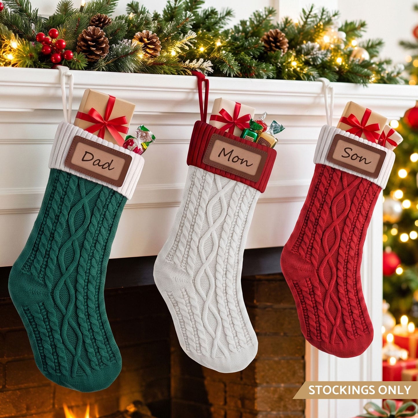 Jingle Jollys Occasions > Christmas > Christmas Decorations Jingle Jollys 3PCS Personalized Christmas Stockings with Leather Patches, 16 Inch Knitted Contrast Colour Xmas Hanging Decor For Fireplace Mantel, Christmas Tree, Home Decoration & Holiday Party Displays