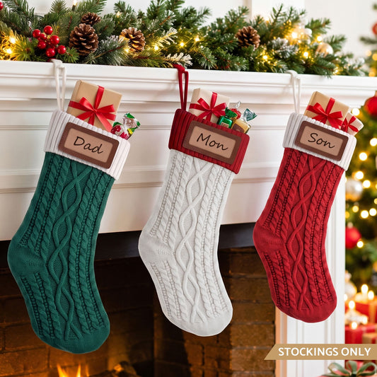 Jingle Jollys Occasions > Christmas > Christmas Decorations Jingle Jollys 3PCS Personalized Christmas Stockings with Leather Patches, 16 Inch Knitted Contrast Colour Xmas Hanging Decor For Fireplace Mantel, Christmas Tree, Home Decoration & Holiday Party Displays