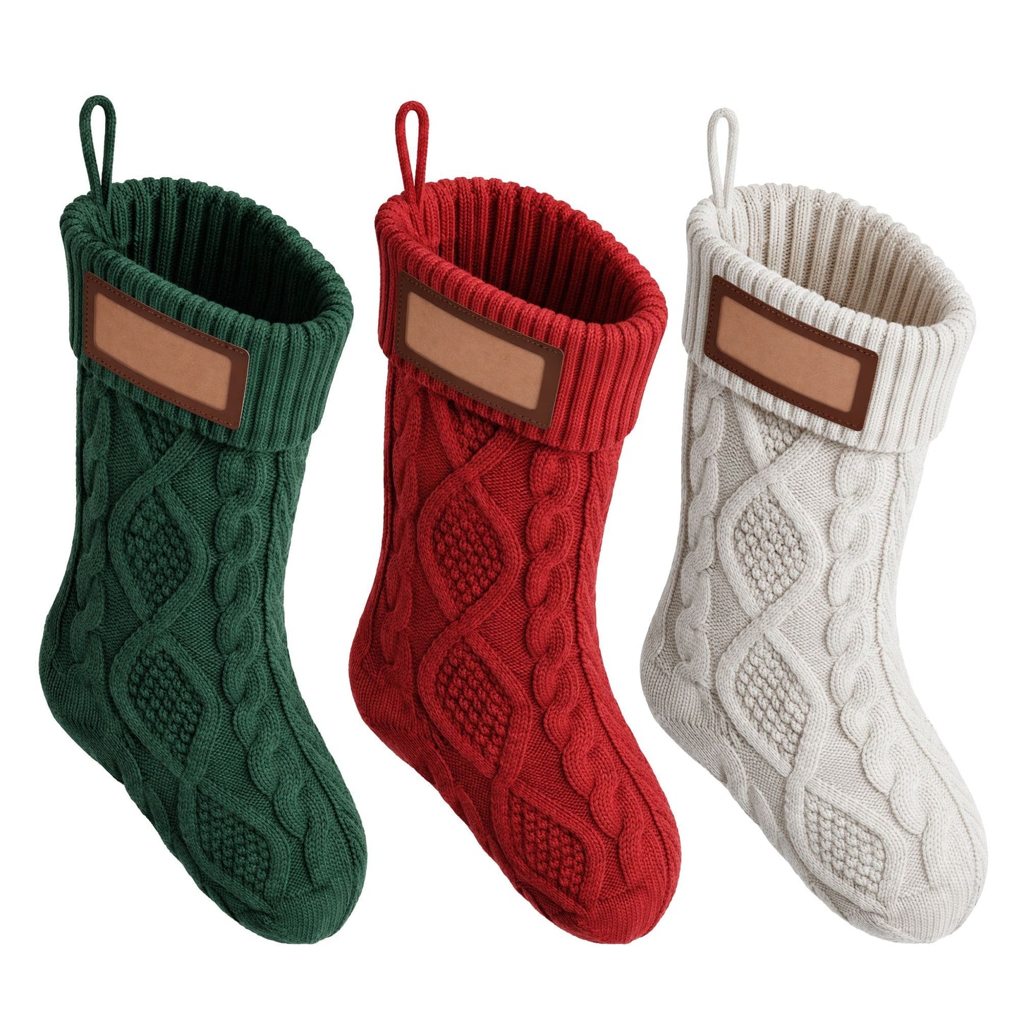 Jingle Jollys Occasions > Christmas > Christmas Decorations Jingle Jollys 3PCS Personalized Christmas Stockings with Leather Patches 16 Inch Knitted Solid Colour Xmas Decor For Fireplace Mantel, Christmas Tree, Home Decoration & Holiday Party Displays